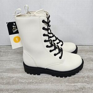 Art Class Khari Combat Boots Cream Faux Leather Black Laces Side Zip Kids Size 1